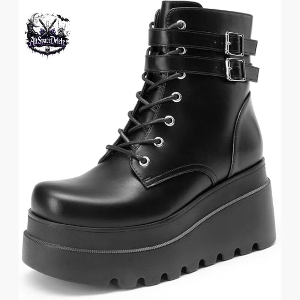 Platform Combat Boots Chunky Heel Lace Up Ankle Booties